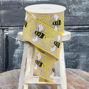 Bumble Bee with Honeycomb Wired Ribbon~2 1/2&quot; Ribbon~10 Yards~Ribbon for Bows~Wreath Supplies~Roll of Ribbon~Royal Burlap