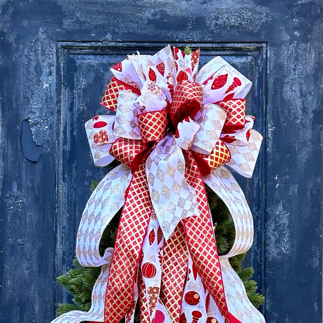 Gold and Red Christmas Tree Topper Bow, Ornament and Harlequin Themed