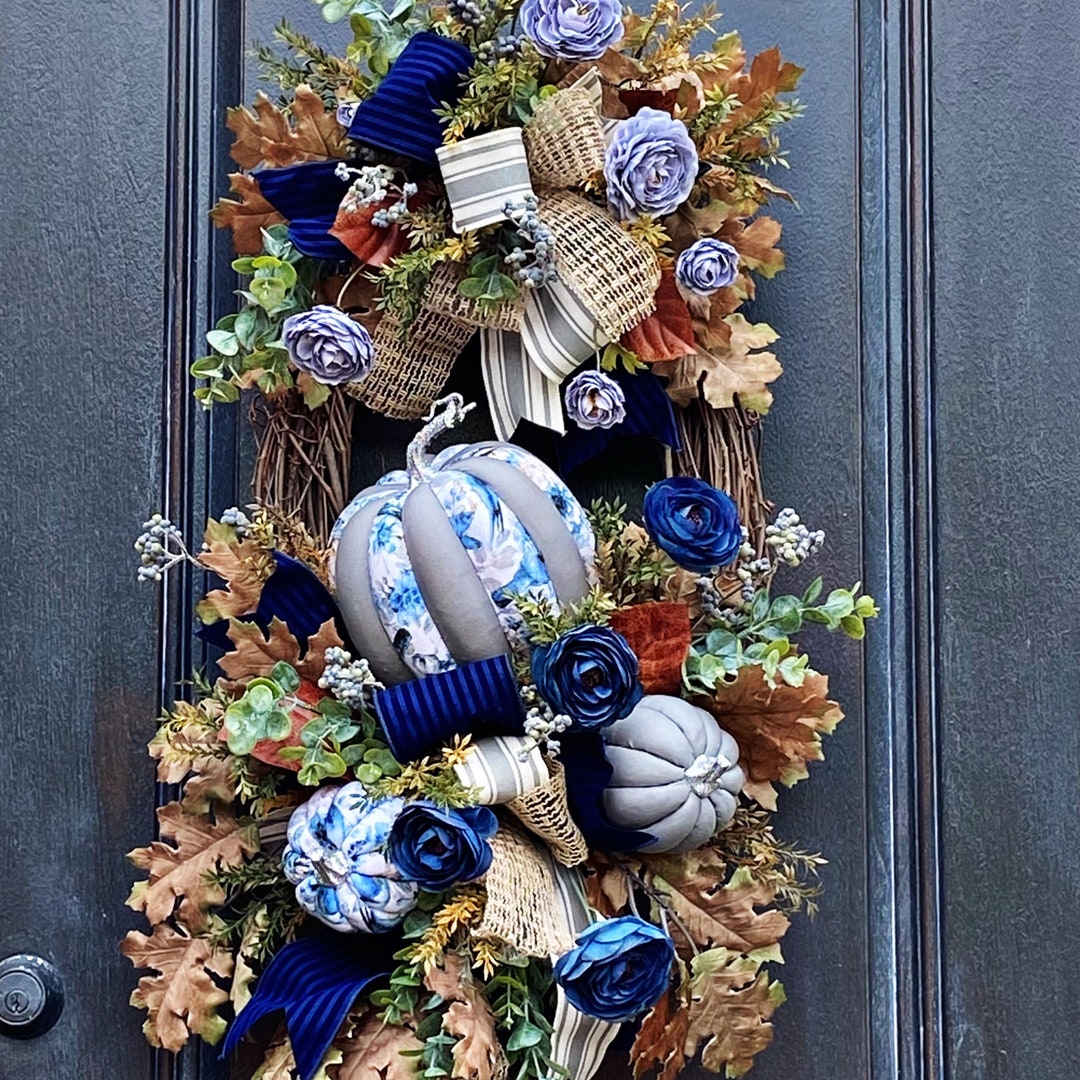 XL Fall Grapevine Wreath With Navy Blue and Gray Fabric Pumpkins for ...