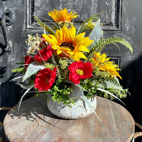 Premium Sunflower and Red Poppy Artificial Floral Arrangement~Tabletop Arrangement-Everyday Arrangement-Faux Floral Centerpiece~Silk Florals