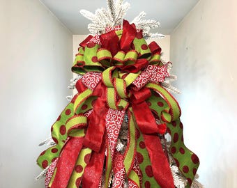 Premium Red, White and Green with Polka Dot Topper for Christmas Tree~Christmas Tree Bow~Elegant Christmas Tree Bow with Glitter