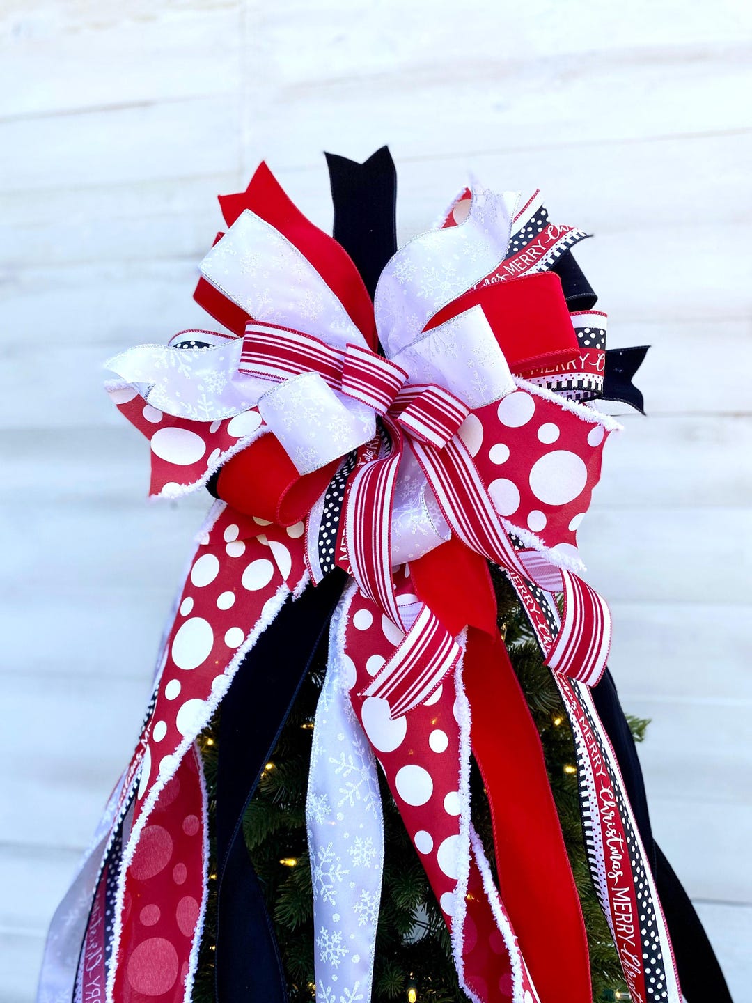 Deluxe Tree Topper Bow in Red and White With Black Velvet~christmas ...