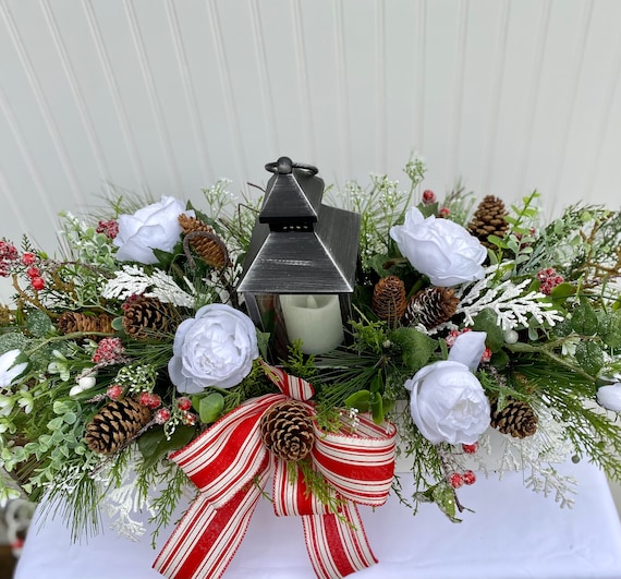 White Floral and Mixed Pine Christmas Centerpiece With Lantern