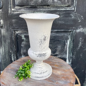 Tall White Distressed Footed Vase~Farmhouse~Shabby Chic~French Country~Home Decor~Floral Vase~Floral Supplies~Tall Metal Urn ~ Table Urn