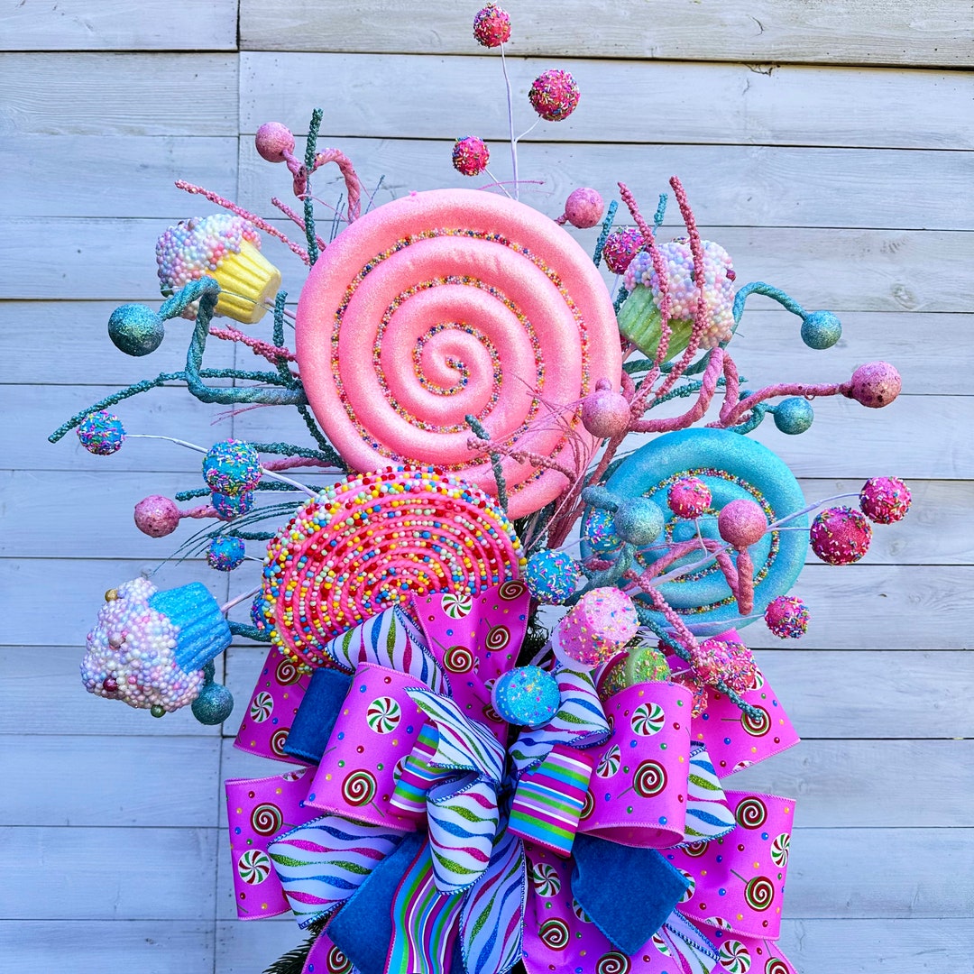 Candy Themed Christmas Tree Topper Attachment With Bow Whimsical Decor