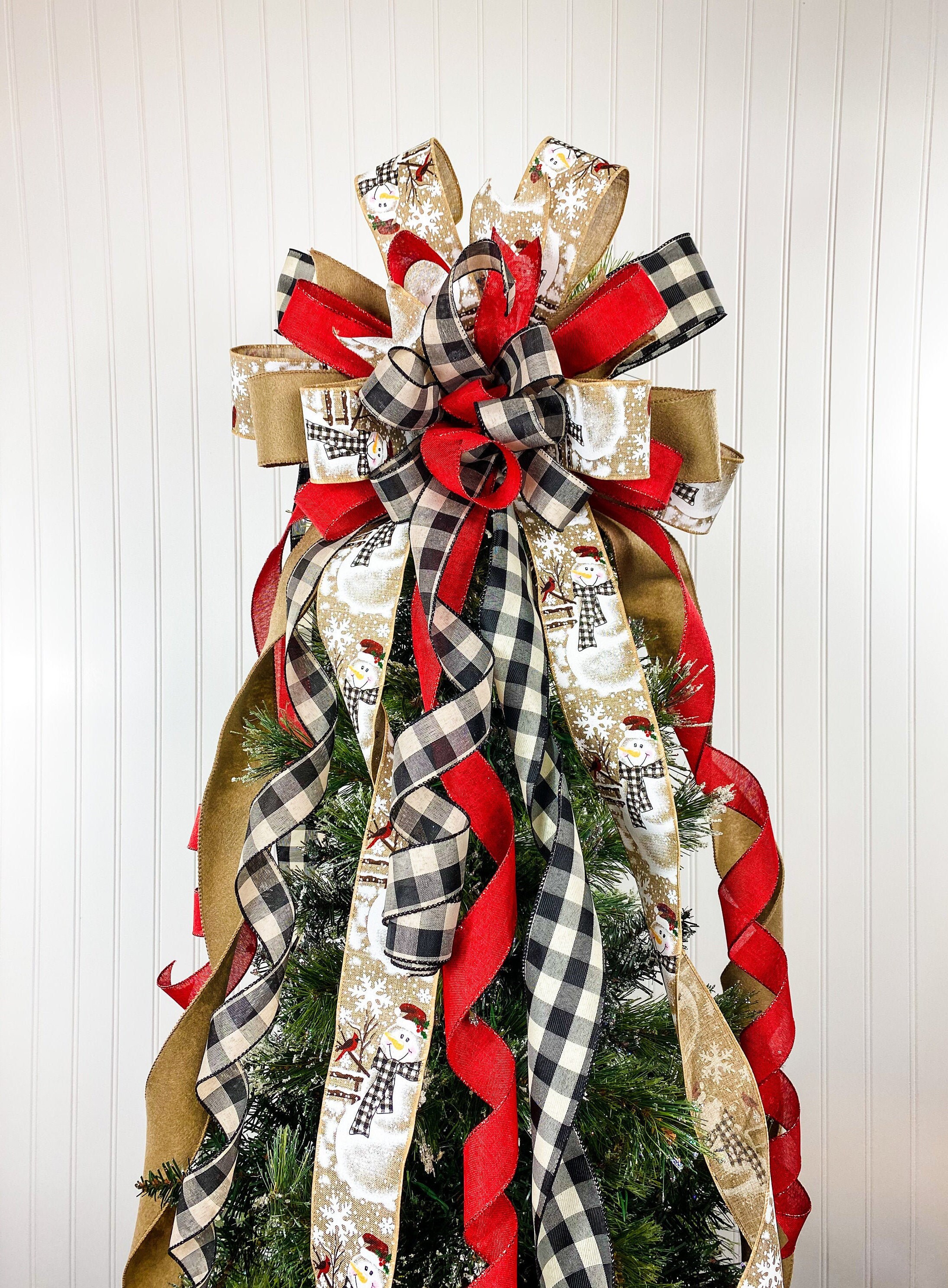 XL Burlap Snowman and Buffalo Check Tree Topper Bow~Christmas Tree Bo…