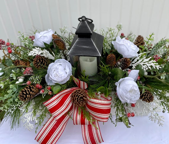 White Floral and Mixed Pine Christmas Centerpiece With Lantern Winter  Floral Centerpiecesilk Christmas Floral Arrangement 