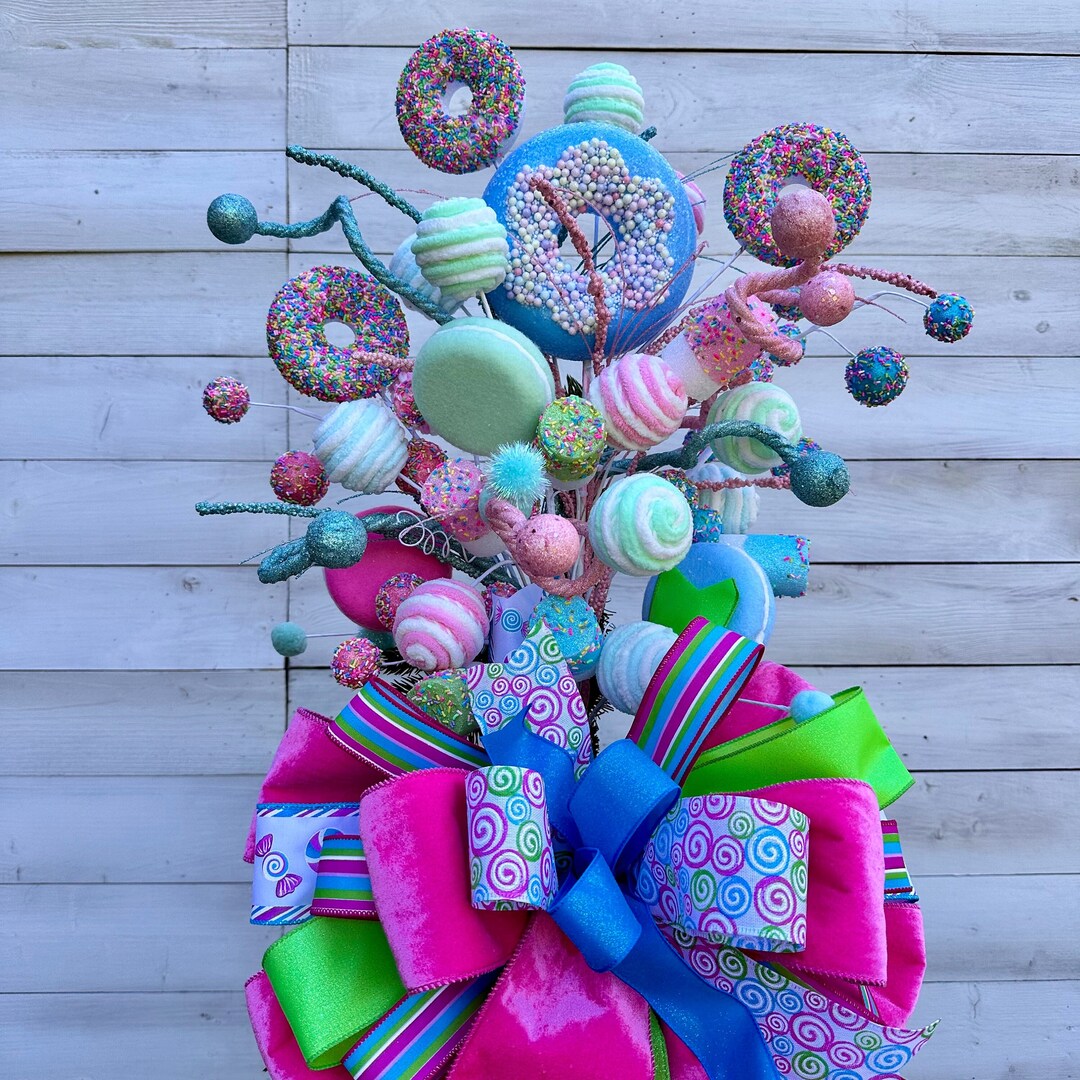 Candy Themed Christmas Tree Topper Attachment With Bow Whimsical Decor
