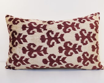 Ikat Velvet Pillow Cover, Handmade Silk Ikat Velvet Pillow , 12” x 20”