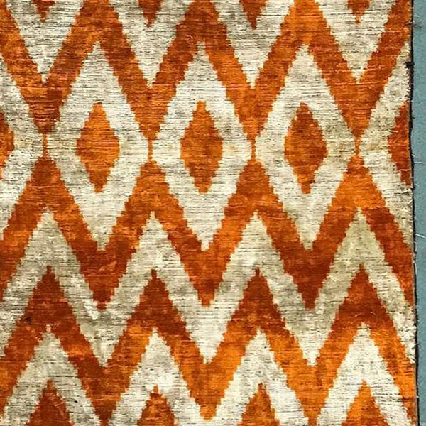 Silk Velvet Ikat Fabric Handwoven Circle Motif in Rich Red & Cream