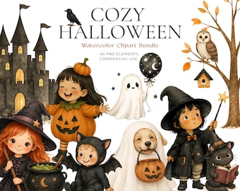 Cozy Halloween Watercolor Clipart Bundle, Cute Halloween PNG Bundle, Scandinavian Children's Book Style, Witch Clipart, Ghost Clipart