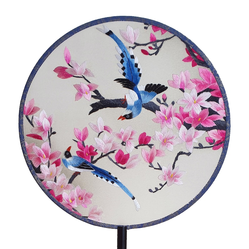 Chinese Embroidered Fan Art Magpies /& Cherry Blossoms Spring Traditional Oriental Silk