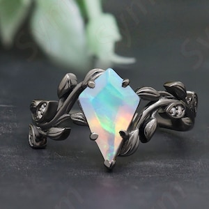 Unique Nature Inspired Ethiopian Opal Engagement Ring, Vintage Art deco Opal Wedding Ring, Opal Kite Shape Gold Ring, Opal Black Gold Ring