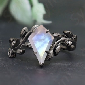 Bague en or mariage forme cerf-volant arc-en-ciel AAA, bague en or pierre de lune feuille inspirée de la nature antique, pierre de lune feu bleu, pierre en forme de cerf-volant