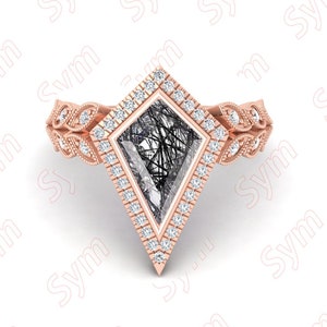 Natural Black Rutile Kite Shape Silver Ring, Moissanite Halo 925 Rose Gold Plating Ring, Rutile Engagement Ring, Gift for Anniversary, Kite
