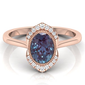 Oval Alexandrite Engagement Ring, 14k Rose Gold Plated Sterling Silver, Moissanite Accents