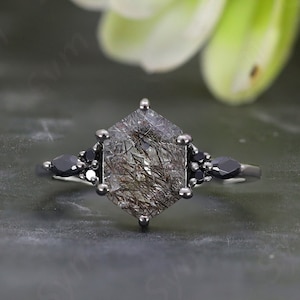 Natural Black Rutile Hexagon Black Rhodium Ring, Unique Rutile Quartz Engagement Ring for love, 925 Silver Rutile Ring, Gift for Woman, Her