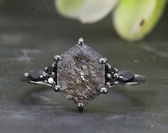 Natural Black Rutile Hexagon Black Rhodium Ring, Unique Rutile Quartz Engagement Ring for love, 925 Silver Rutile Ring, Gift for Woman, Her