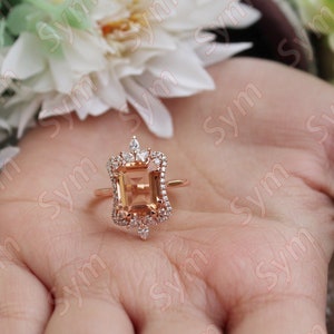 2.90 Cts. Peach Morganite Engagement Ring in 14KT Rose Gold Vermeil, Vintage art deco Unique Emerald Cut Morganite Ring, Gift for Love, Her