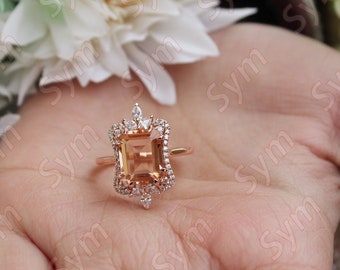 2.90 Cts. Peach Morganite Engagement Ring in 14KT Rose Gold Vermeil, Vintage art deco Unique Emerald Cut Morganite Ring, Gift for Love, Her