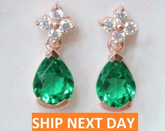 Vintage art deco Pear Shape Emerald Wedding Earrings, Moissanite Dangle Earrings, Next day Shipment Earring, Gift for Anniversary, Gift Love