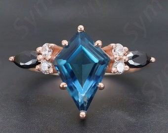 Kite Shape London Blue Topaz Engagement Ring, Vintage art Deco Kite Shape Wedding Ring, Blue Topaz Kite Solid Gold Ring,Gift for Anniversary