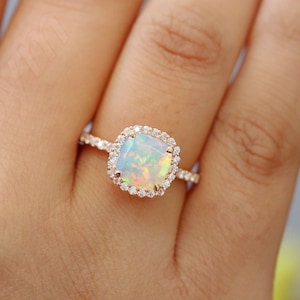 1.20 Cts. Natural Opal Engagement Ring, Cushion Shape Ethiopian Opal Wedding Ring, Moissanite Pave set in 14K Rose Gold Vermeil Ring gift
