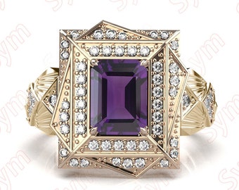 Art Deco Amethyst Ring, Moissanite Halo, 14K Rose Gold Plated Sterling Silver