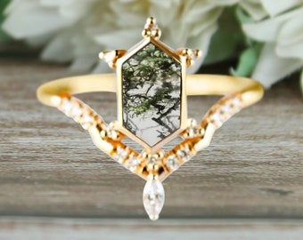 2.30 Ctw Natural Moss Agate Silver Engagement Ring, Hexagon Moss Agate Moissanite Wedding Ring, 14K solid Gold Bridal Ring Bridal Ring