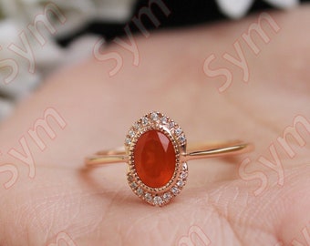 Oval Lab Created Orange Garnet Engagement Ring, 14k Rose Gold Plated Sterling Silver, Art Deco