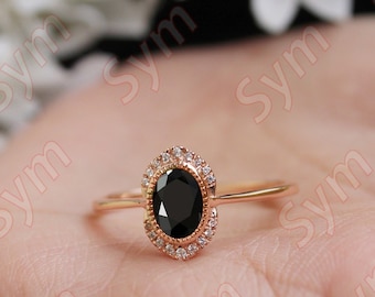 14K Rose Gold Oval Black Onyx Engagement Ring with Moissanite Accents