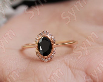 1.90 ct natural AAA black onyx Engagement Ring, Moissanite Rose Gold Plated Ring Unique art deco Ring for Anniversary Gift Bezel Set Ring