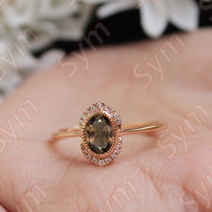 1.55 Cts. Smokey Quartz Engagement Ring, Vintage Art deco Halo Moissanite Set in Rose Gold Vermeil Ring, Smokey Wedding Ring for Love, Love