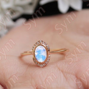1.65 ct Rainbow Moonstone engagement ring 14k rose gold plated Ring Moonstone vintage art deco Halo ring for women gift Anniversary Ring