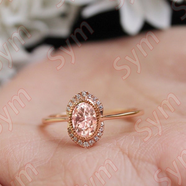 1.65 ct AAA Peach Morganite Wedding Ring in 14k rose gold plated Morganite engagement ring & vintage art deco ring for women Moissanite Ring