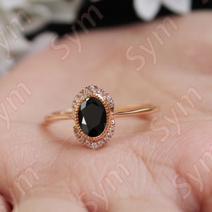 1.90 ct natural AAA black onyx Engagement Ring, Moissanite Rose Gold Plated Ring Unique art deco Ring for Anniversary Gift Bezel Set Ring