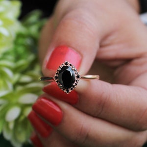 2.15 ct Natural black onyx Engagement Ring, Black Onyx Solitaire Ring, Black Spinal Micro Set Rose Vermeil Ring, Onyx Halo Art deco Ring image 2