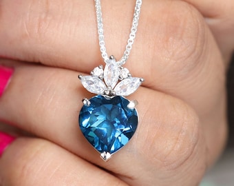 Beautiful Heart Shaped Natural London Blue Topaz Pendant, 925 Silver Ready To Ship Pendant For Surprise Gift, 18&#39; Box Chain, Gift For Mom