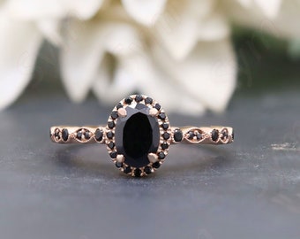 Oval Black Onyx Halo Ring, 14k Rose Gold Plated Silver, Art Deco Engagement Band