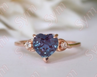 Colour Change Alexandrite Heart Shape Valentine Day Gift Ring, Vintage Art deco Alexandrite Wedding Ring for Love, Gift for Woman,