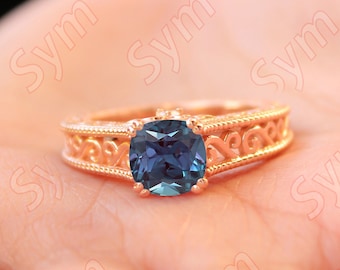 2.02 ct AAA Alexandrite & pave set moissanite in 14k rose gold plated engagement ring vintage art deco unique floral ring for women gift