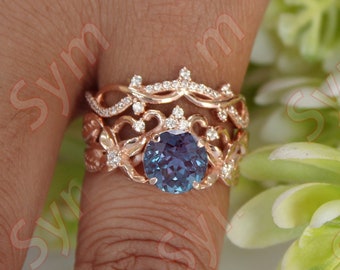 2.30ct AAA Alexandrite engagement ring,pave set moissanite in 14k rose gold plated  set vintage art deco Floral Leaf ring set for women gift