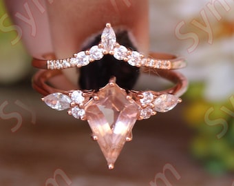 3.10 cts. Peach Morganite Wedding Ring set for Love, Moissanite  Set Ring, Unique Peach Morganite Ring set, Gift for Love, Gift for woman