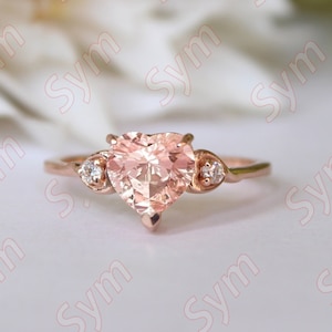 Peach Morganite Heart Shape Engagement Ring for Woman, Unique Floral Heart Shape Morganite Valentine Day Gift ring for Love, Gift for Woman