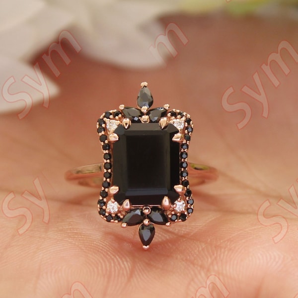 Anillo de compromiso de ónix negro natural de 4,50 ct con halo espinal negro, chapado en oro rosa, anillo art déco único para regalo de aniversario, anillo nupcial