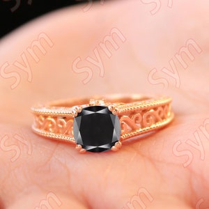 natural black onyx Bridal Ring Moissanite Vintage Ring 14k Solid rose gold Ring Onyx engagement Gold ring vintage art deco ring for women