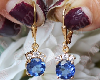 Round Shape Blue Sapphire Engagement Earring, Lever Back Earring For Love, Blue Stone Dangle Earring 925 Silver Sapphire Earring For Women