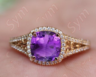 Natural Purple Amethyst Cushion Ring, 14k Rose Gold Vermeil, Art Deco Engagement Wedding Band