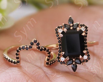 4.50 ct natural black onyx Engagement Ring Set Black Spinal Halo Rose Gold Plated Ring set Unique art deco Ring set for Anniversary Gift set