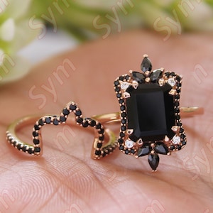 Natural Black Onyx Engagement Ring Set, Rose Gold Plated Art Deco Halo